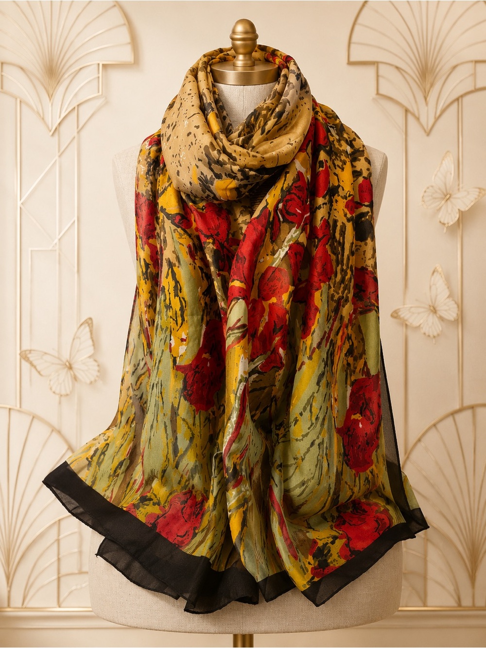 🆕🔥HOT BUY!Elegant Floral Lightweight Silk Scarf in Mustard and Red